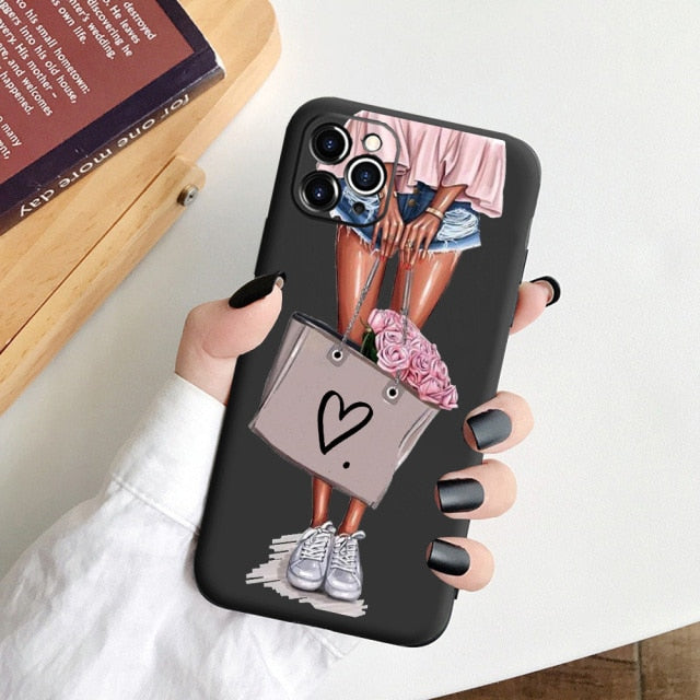 Black Cartoon City Girl with Heels Coffee Shopping Matte Case For iPhone freeshipping - Best iPhone Cases Accessories