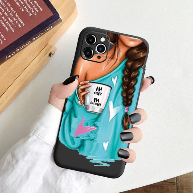 Black Cartoon City Girl with Heels Coffee Shopping Matte Case For iPhone freeshipping - Best iPhone Cases Accessories