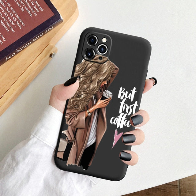Black Cartoon City Girl with Heels Coffee Shopping Matte Case For iPhone freeshipping - Best iPhone Cases Accessories
