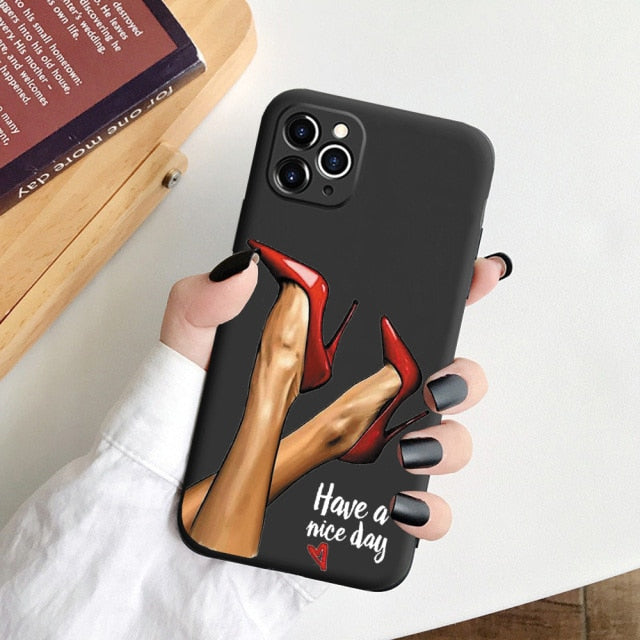 Black Cartoon City Girl with Heels Coffee Shopping Matte Case For iPhone freeshipping - Best iPhone Cases Accessories
