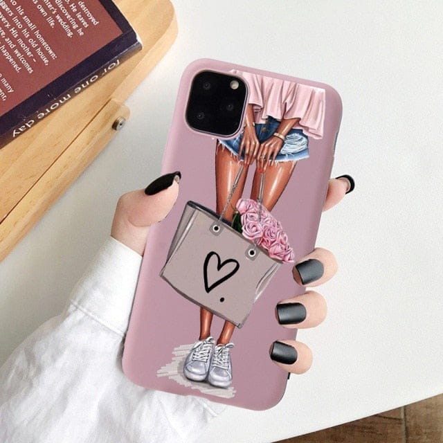 Black Cartoon City Girl with Heels Coffee Shopping Matte Case For iPhone freeshipping - Best iPhone Cases Accessories
