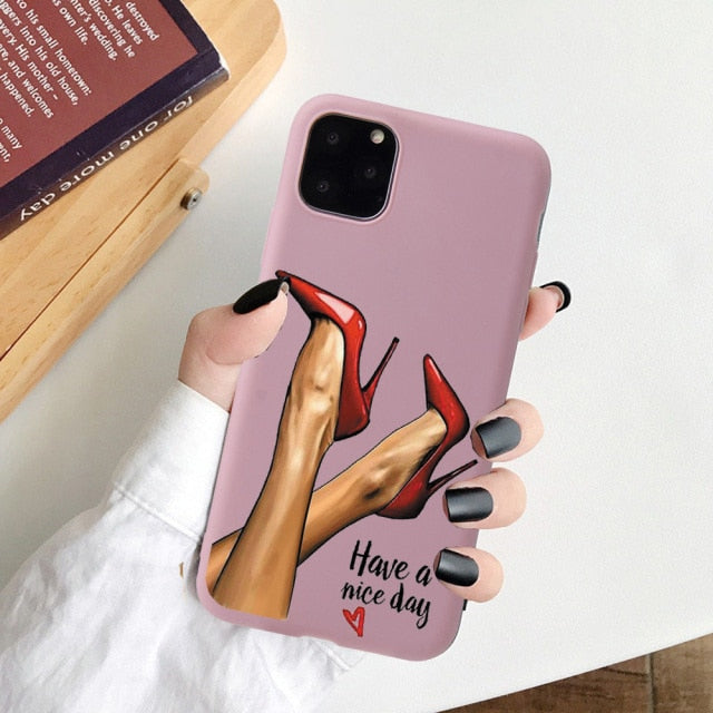 Black Cartoon City Girl with Heels Coffee Shopping Matte Case For iPhone freeshipping - Best iPhone Cases Accessories
