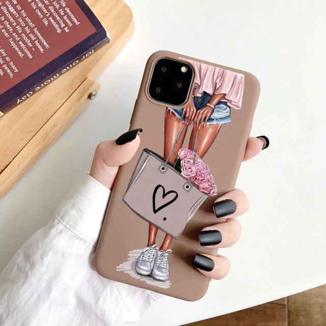 Black Cartoon City Girl with Heels Coffee Shopping Matte Case For iPhone freeshipping - Best iPhone Cases Accessories