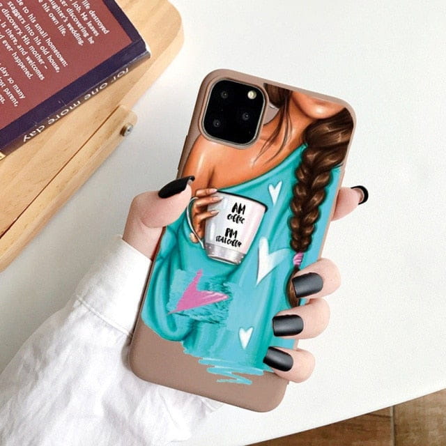 Black Cartoon City Girl with Heels Coffee Shopping Matte Case For iPhone freeshipping - Best iPhone Cases Accessories