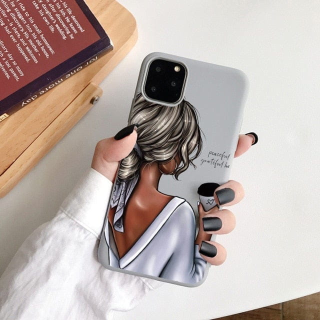 Black Cartoon City Girl with Heels Coffee Shopping Matte Case For iPhone freeshipping - Best iPhone Cases Accessories