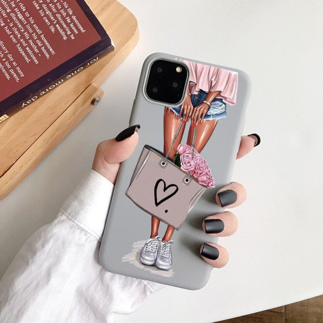 Black Cartoon City Girl with Heels Coffee Shopping Matte Case For iPhone freeshipping - Best iPhone Cases Accessories