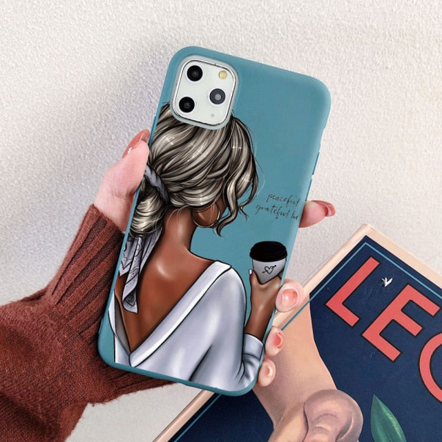 Black Cartoon City Girl with Heels Coffee Shopping Matte Case For iPhone freeshipping - Best iPhone Cases Accessories
