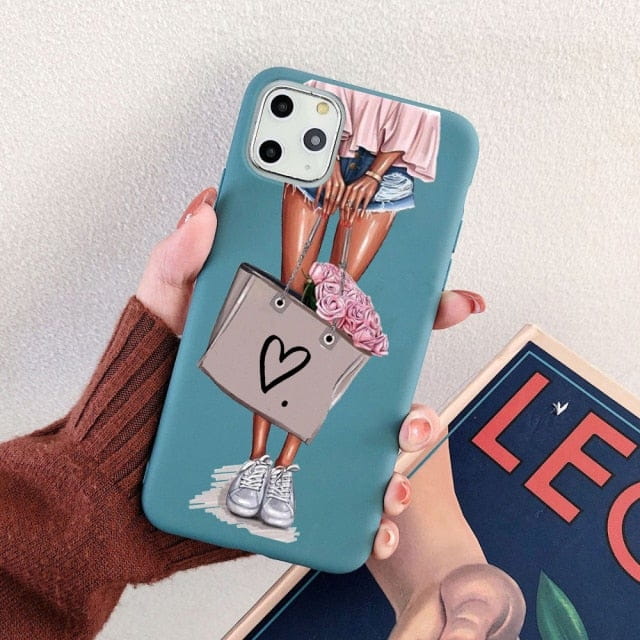 Black Cartoon City Girl with Heels Coffee Shopping Matte Case For iPhone freeshipping - Best iPhone Cases Accessories