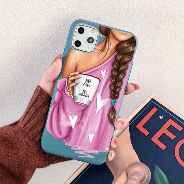 Black Cartoon City Girl with Heels Coffee Shopping Matte Case For iPhone freeshipping - Best iPhone Cases Accessories