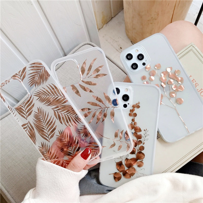 Vintage Gold Foil Phone Case For iPhone 11 Pro Max 7 8 Plus 12 Pro Mini XS Max X XR XS Max SE 2020 Clear Leaf Fundas Back Cover freeshipping - Best iPhone Cases Accessories