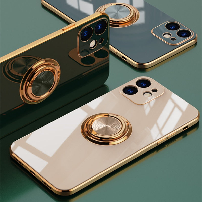 Luxury Plating Silicone Case For iPhone 13 12 11 Pro Xs Max Mini SE X XR 7 8 Plus Plain Metal Ring Holder Stand Soft Phone Cover freeshipping - Best iPhone Cases Accessories