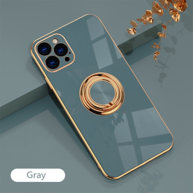 Luxury Plating Silicone Case For iPhone 13 12 11 Pro Xs Max Mini SE X XR 7 8 Plus Plain Metal Ring Holder Stand Soft Phone Cover freeshipping - Best iPhone Cases Accessories