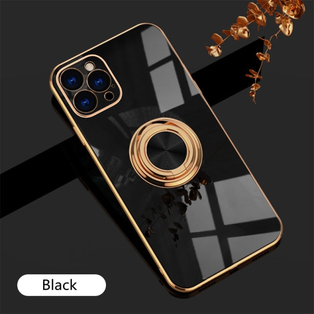Luxury Plating Silicone Case For iPhone 13 12 11 Pro Xs Max Mini SE X XR 7 8 Plus Plain Metal Ring Holder Stand Soft Phone Cover freeshipping - Best iPhone Cases Accessories