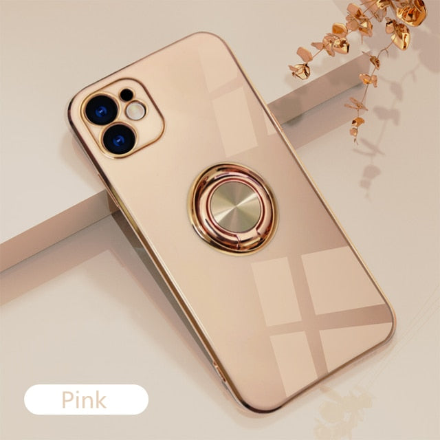Luxury Plating Silicone Case For iPhone 13 12 11 Pro Xs Max Mini SE X XR 7 8 Plus Plain Metal Ring Holder Stand Soft Phone Cover freeshipping - Best iPhone Cases Accessories