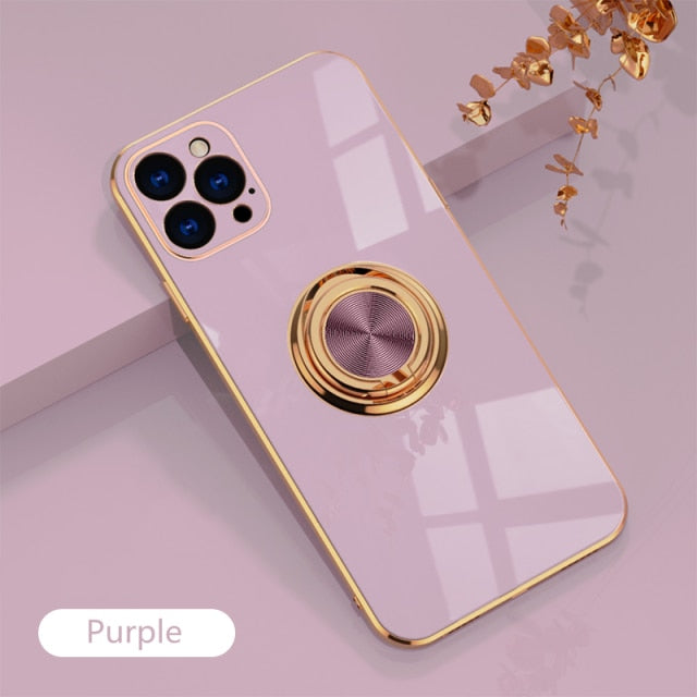 Luxury Plating Silicone Case For iPhone 13 12 11 Pro Xs Max Mini SE X XR 7 8 Plus Plain Metal Ring Holder Stand Soft Phone Cover freeshipping - Best iPhone Cases Accessories