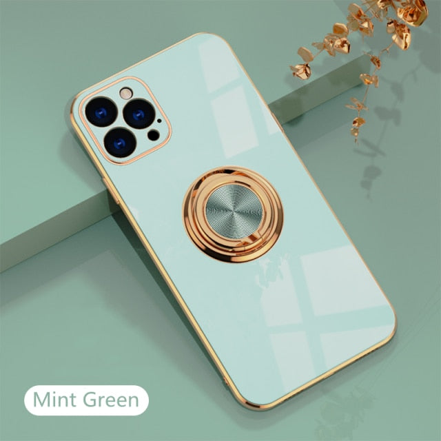 Luxury Plating Silicone Case For iPhone 13 12 11 Pro Xs Max Mini SE X XR 7 8 Plus Plain Metal Ring Holder Stand Soft Phone Cover freeshipping - Best iPhone Cases Accessories