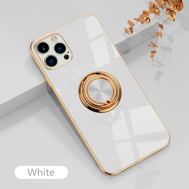 Luxury Plating Silicone Case For iPhone 13 12 11 Pro Xs Max Mini SE X XR 7 8 Plus Plain Metal Ring Holder Stand Soft Phone Cover freeshipping - Best iPhone Cases Accessories
