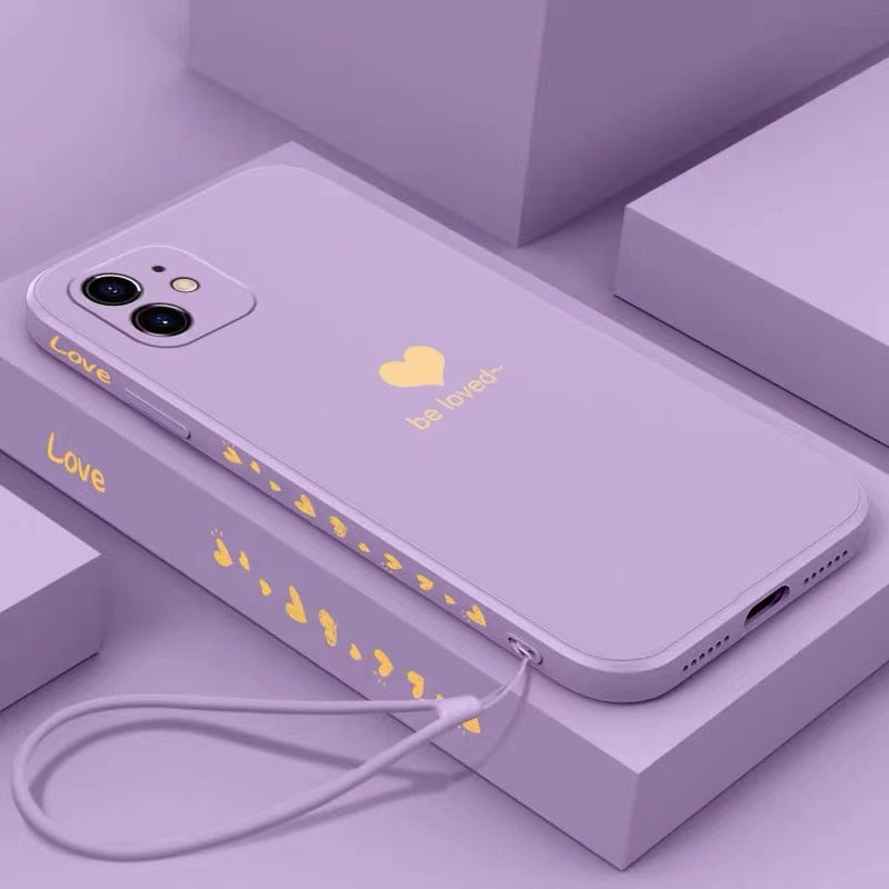 Ultra-thin Cute Heart-shaped Square Liquid Silicone Phone Case For iPhone 13 12 11 Pro XS Max XR X 8 7 Plus Luxury Lanyard Cover freeshipping - Best iPhone Cases Accessories