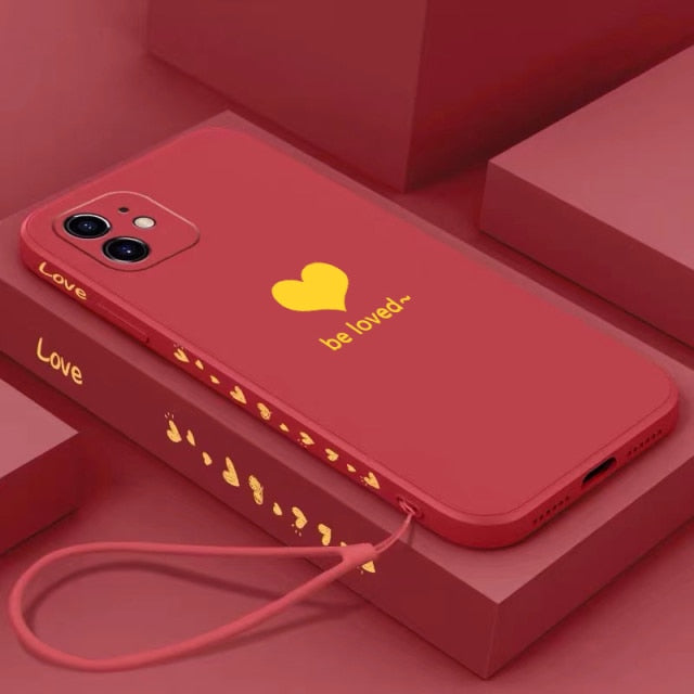 Ultra-thin Cute Heart-shaped Square Liquid Silicone Phone Case For iPhone 13 12 11 Pro XS Max XR X 8 7 Plus Luxury Lanyard Cover freeshipping - Best iPhone Cases Accessories