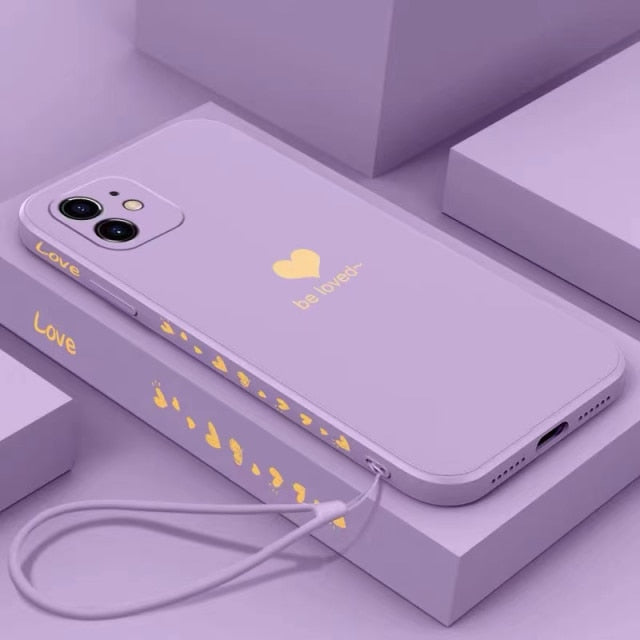 Ultra-thin Cute Heart-shaped Square Liquid Silicone Phone Case For iPhone 13 12 11 Pro XS Max XR X 8 7 Plus Luxury Lanyard Cover freeshipping - Best iPhone Cases Accessories