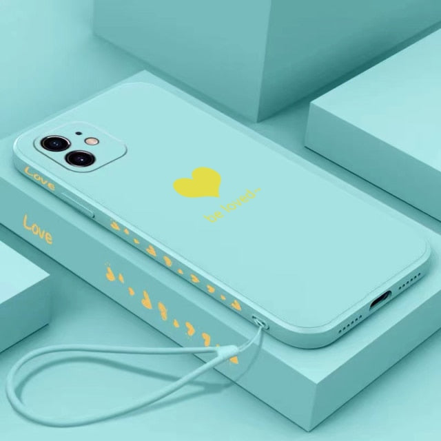 Ultra-thin Cute Heart-shaped Square Liquid Silicone Phone Case For iPhone 13 12 11 Pro XS Max XR X 8 7 Plus Luxury Lanyard Cover freeshipping - Best iPhone Cases Accessories