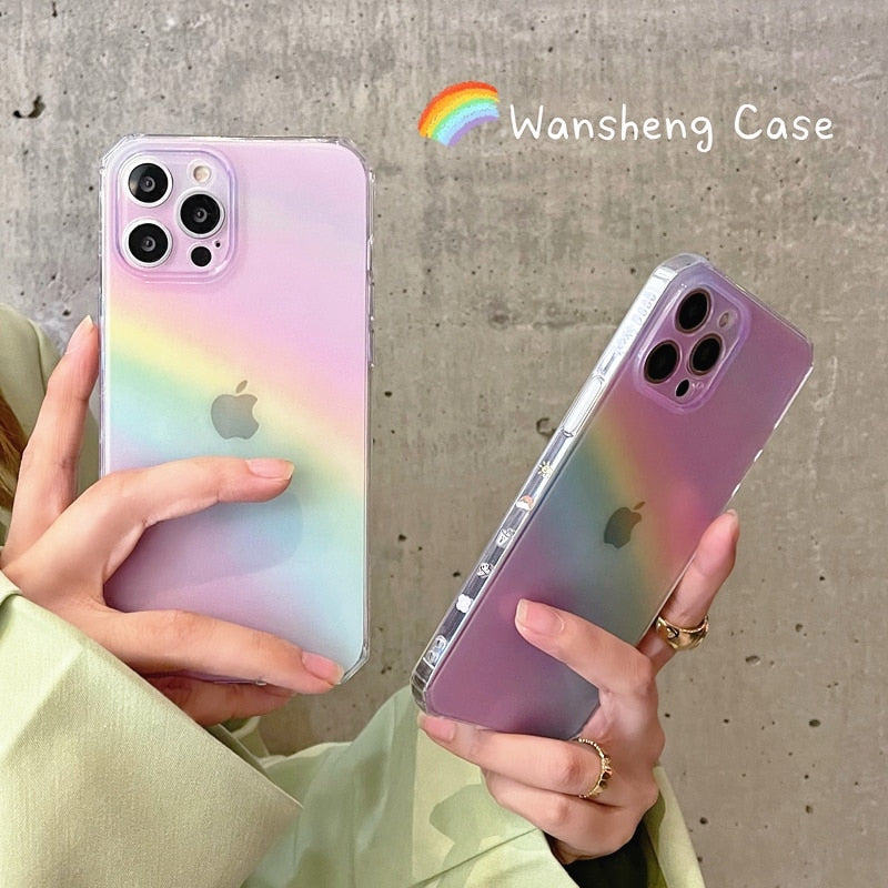 Colorful Pink Rainbow Transparent Phone Case For iPhone 13 Pro Max 12 Mini 11 X XS XR 7 8 Plus SE Fashion Soft Shockproof Cover freeshipping - Best iPhone Cases Accessories