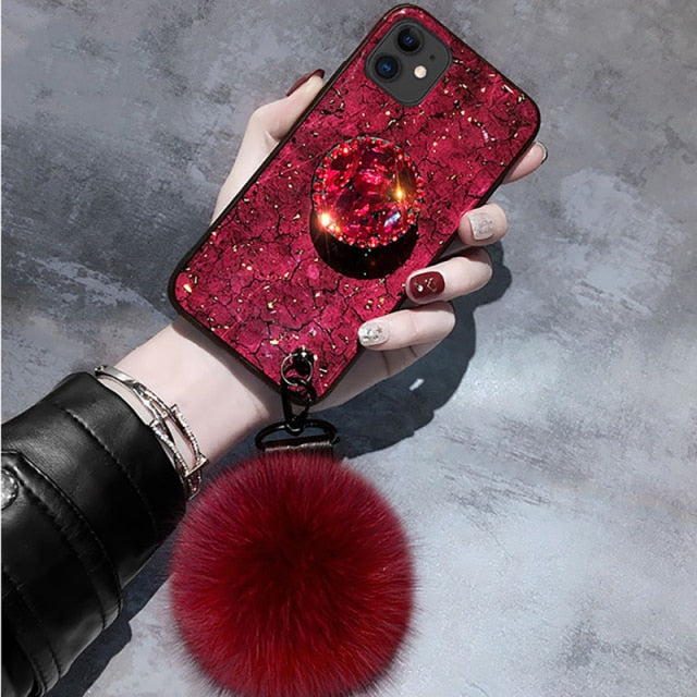 DIY crystal holder Stand+Hairball+Strap Phone case For iPhone 13 11 PRO MAX 8 7 Plus XSMAX XR 12 ProMax Bling Glitter TPU Coque freeshipping - Best iPhone Cases Accessories