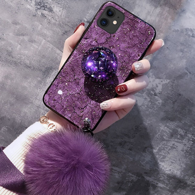 DIY crystal holder Stand+Hairball+Strap Phone case For iPhone 13 11 PRO MAX 8 7 Plus XSMAX XR 12 ProMax Bling Glitter TPU Coque freeshipping - Best iPhone Cases Accessories