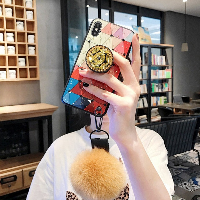 DIY crystal holder Stand+Hairball+Strap Phone case For iPhone 13 11 PRO MAX 8 7 Plus XSMAX XR 12 ProMax Bling Glitter TPU Coque freeshipping - Best iPhone Cases Accessories