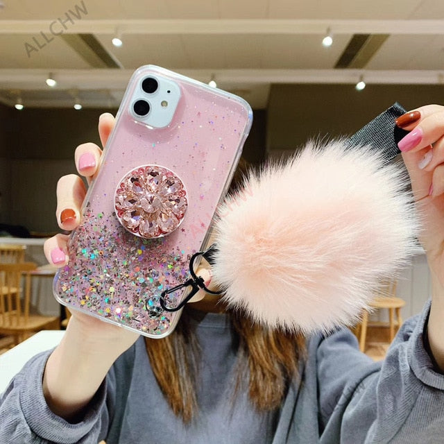 DIY crystal holder Stand+Hairball+Strap Phone case For iPhone 13 11 PRO MAX 8 7 Plus XSMAX XR 12 ProMax Bling Glitter TPU Coque freeshipping - Best iPhone Cases Accessories