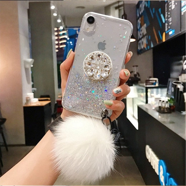 DIY crystal holder Stand+Hairball+Strap Phone case For iPhone 13 11 PRO MAX 8 7 Plus XSMAX XR 12 ProMax Bling Glitter TPU Coque freeshipping - Best iPhone Cases Accessories