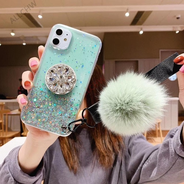 DIY crystal holder Stand+Hairball+Strap Phone case For iPhone 13 11 PRO MAX 8 7 Plus XSMAX XR 12 ProMax Bling Glitter TPU Coque freeshipping - Best iPhone Cases Accessories