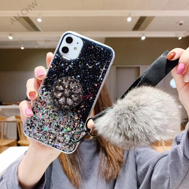 DIY crystal holder Stand+Hairball+Strap Phone case For iPhone 13 11 PRO MAX 8 7 Plus XSMAX XR 12 ProMax Bling Glitter TPU Coque freeshipping - Best iPhone Cases Accessories