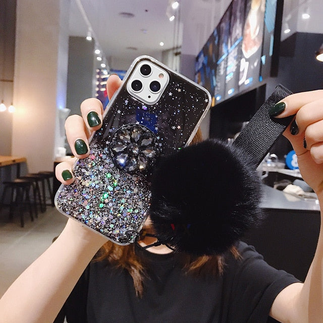 DIY crystal holder Stand+Hairball+Strap Phone case For iPhone 13 11 PRO MAX 8 7 Plus XSMAX XR 12 ProMax Bling Glitter TPU Coque freeshipping - Best iPhone Cases Accessories