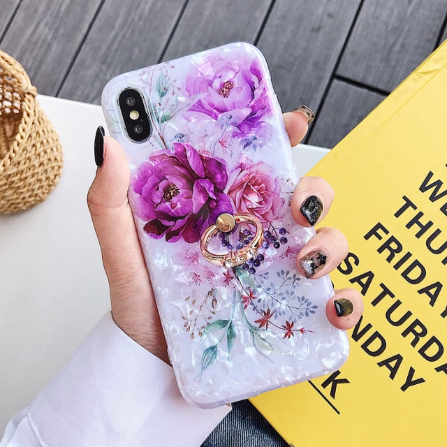 LOVECOM Retro Floral Ring Stand Phone Case For iPhone 13 12 11 Pro Max XR XS Max X XS 7 8 Plus Case Soft IMD Dream Shell Cover freeshipping - Best iPhone Cases Accessories