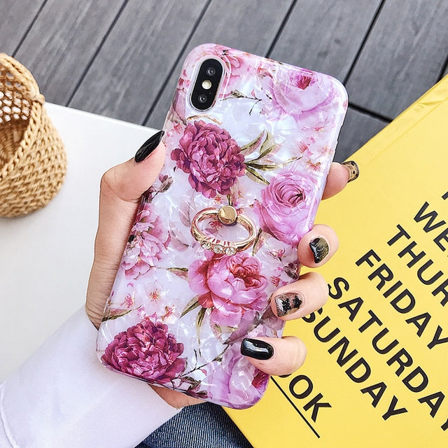 LOVECOM Retro Floral Ring Stand Phone Case For iPhone 13 12 11 Pro Max XR XS Max X XS 7 8 Plus Case Soft IMD Dream Shell Cover freeshipping - Best iPhone Cases Accessories