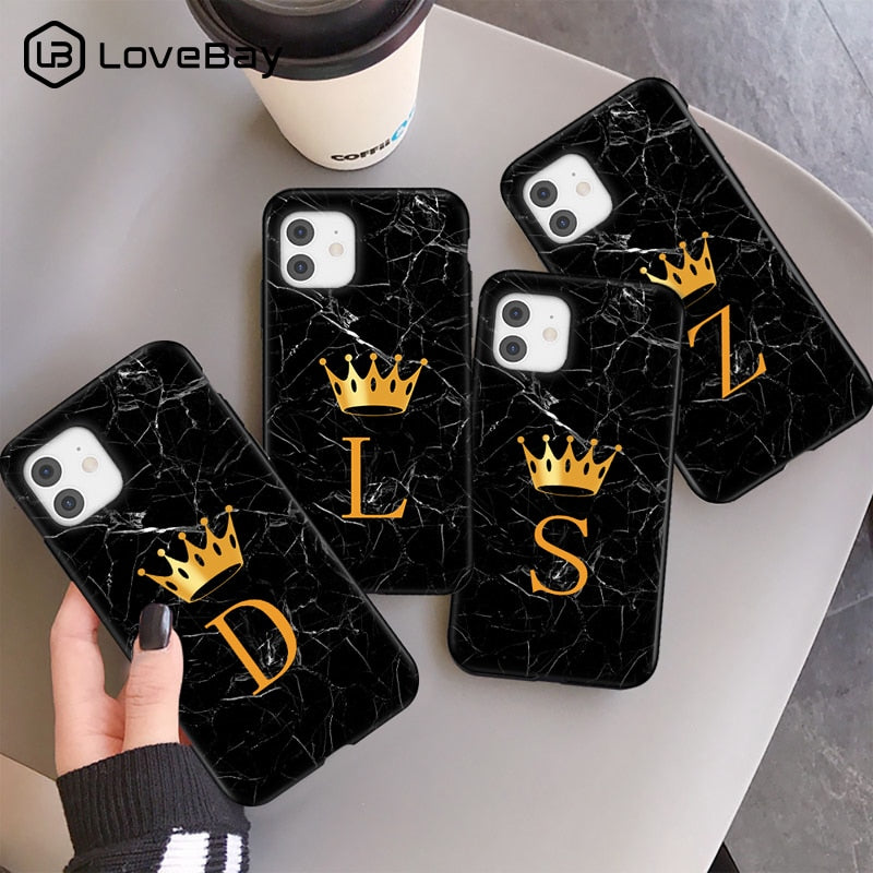 Initial Letter A Z Crown Phone Case For iPhone 11 12 13 Mini Pro Max X XR XS Max 8 7 Plus Marble Texture Couples Soft TPU Cover freeshipping - Best iPhone Cases Accessories