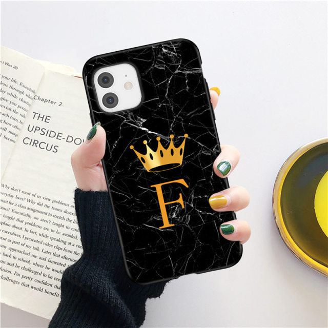 Initial Letter A Z Crown Phone Case For iPhone 11 12 13 Mini Pro Max X XR XS Max 8 7 Plus Marble Texture Couples Soft TPU Cover freeshipping - Best iPhone Cases Accessories