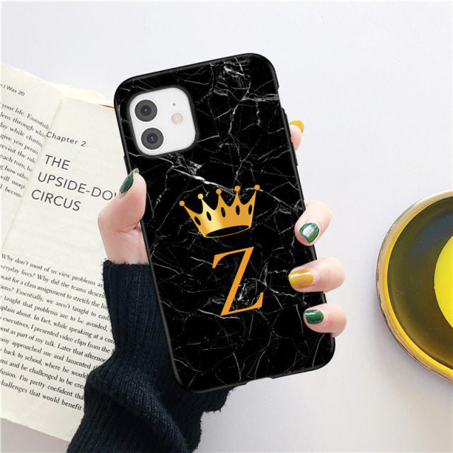 Initial Letter A Z Crown Phone Case For iPhone 11 12 13 Mini Pro Max X XR XS Max 8 7 Plus Marble Texture Couples Soft TPU Cover freeshipping - Best iPhone Cases Accessories