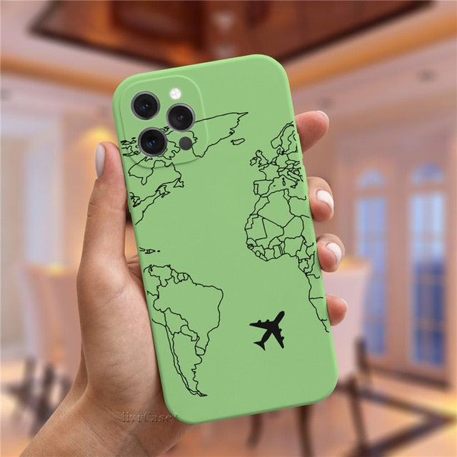 Luxury Popular Planes World Map Travel Silicone Case For iPhone 11 12 13 Pro MAX X XS XR 7 8 Plus Cute Candy Matte Soft Cover freeshipping - Best iPhone Cases Accessories