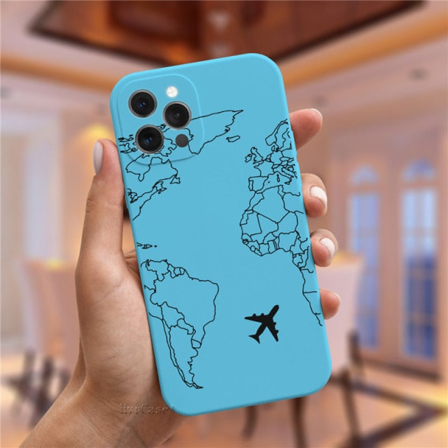Luxury Popular Planes World Map Travel Silicone Case For iPhone 11 12 13 Pro MAX X XS XR 7 8 Plus Cute Candy Matte Soft Cover freeshipping - Best iPhone Cases Accessories