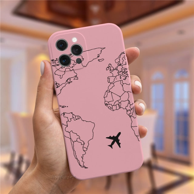 Luxury Popular Planes World Map Travel Silicone Case For iPhone 11 12 13 Pro MAX X XS XR 7 8 Plus Cute Candy Matte Soft Cover freeshipping - Best iPhone Cases Accessories