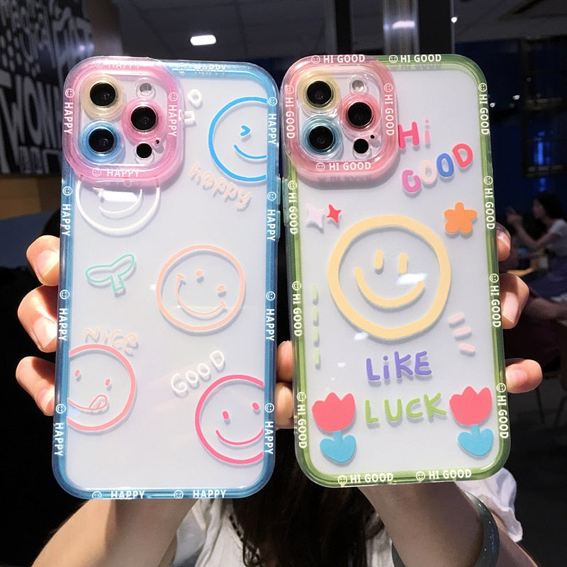 Cute Cartoon Smile Flower Clear Phone Case For iPhone 13 Pro Max 12 11 X XS XR 7 8 Plus Couple Transparent Soft Shockproof Cover freeshipping - Best iPhone Cases Accessories
