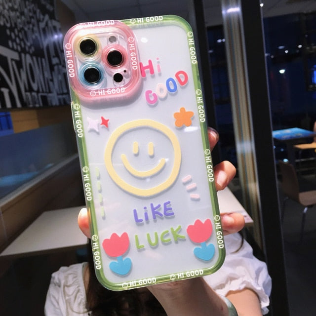 Cute Cartoon Smile Flower Clear Phone Case For iPhone 13 Pro Max 12 11 X XS XR 7 8 Plus Couple Transparent Soft Shockproof Cover freeshipping - Best iPhone Cases Accessories