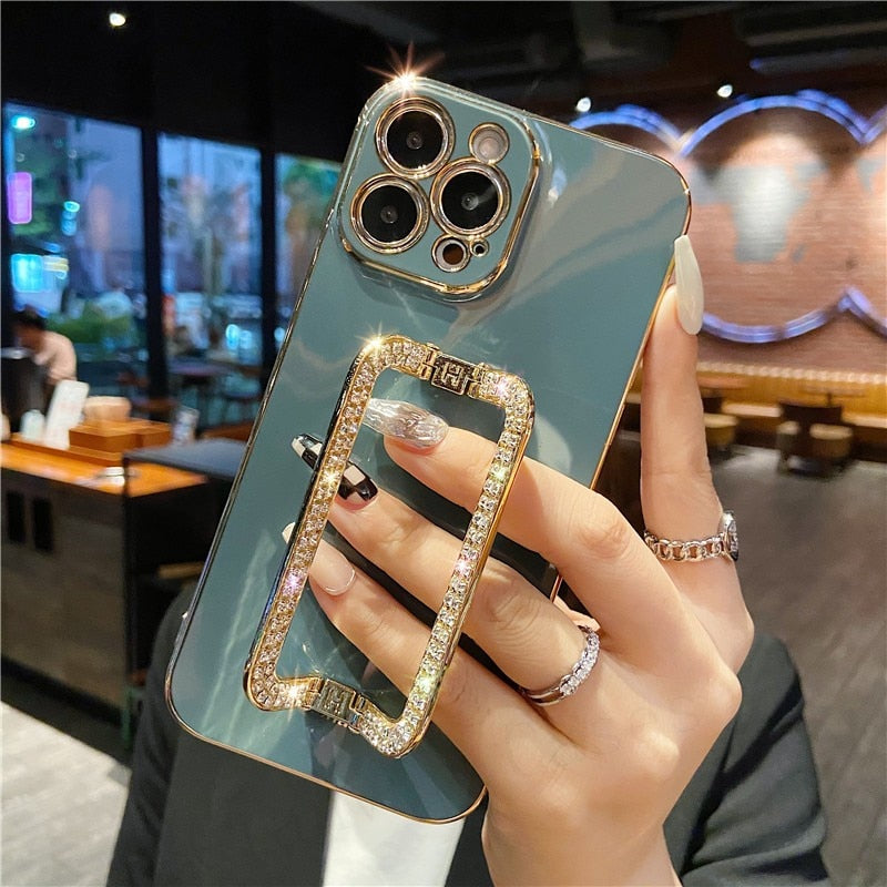 Korea 3D Crystal Square Holder Gold Plating Phone Case For iphone 12 Pro Max MiNi 11 13 Pro X XS XR 6 S 7 8 Plus 12Pro SE Cover freeshipping - Best iPhone Cases Accessories