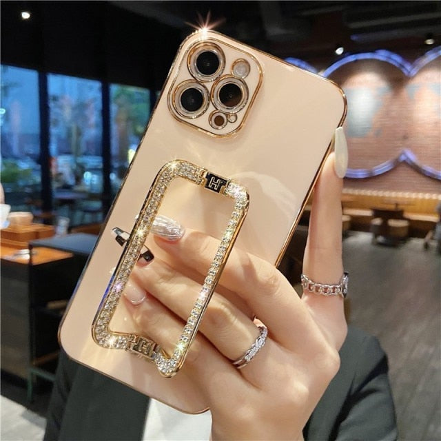 Korea 3D Crystal Square Holder Gold Plating Phone Case For iphone 12 Pro Max MiNi 11 13 Pro X XS XR 6 S 7 8 Plus 12Pro SE Cover freeshipping - Best iPhone Cases Accessories