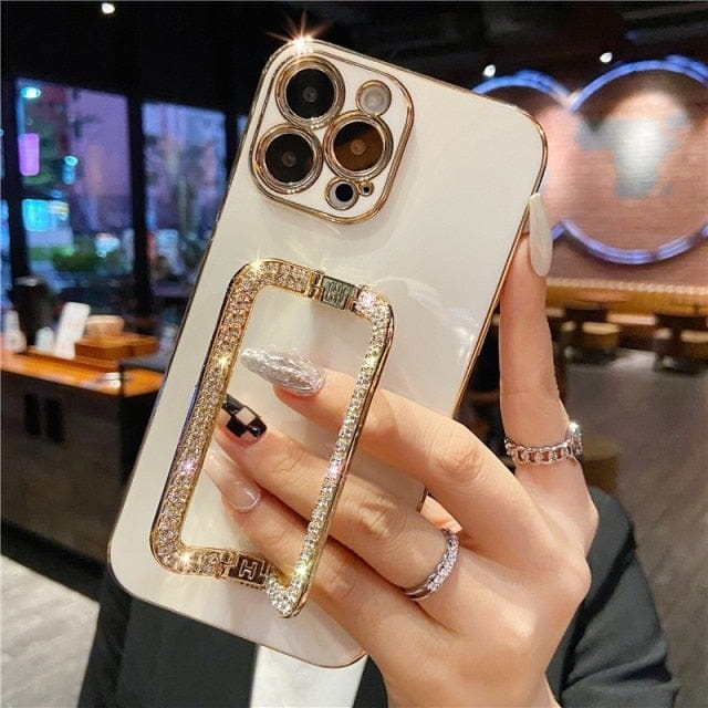 Korea 3D Crystal Square Holder Gold Plating Phone Case For iphone 12 Pro Max MiNi 11 13 Pro X XS XR 6 S 7 8 Plus 12Pro SE Cover freeshipping - Best iPhone Cases Accessories