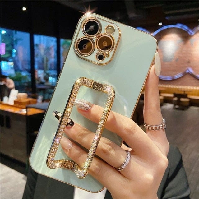 Korea 3D Crystal Square Holder Gold Plating Phone Case For iphone 12 Pro Max MiNi 11 13 Pro X XS XR 6 S 7 8 Plus 12Pro SE Cover freeshipping - Best iPhone Cases Accessories