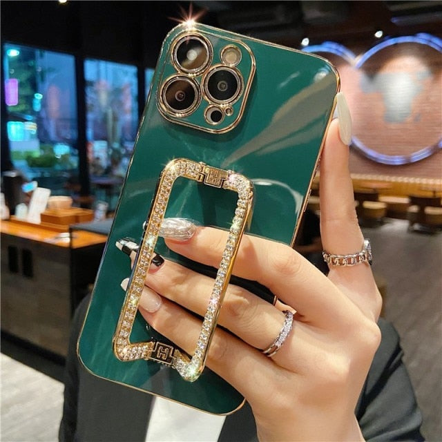 Korea 3D Crystal Square Holder Gold Plating Phone Case For iphone 12 Pro Max MiNi 11 13 Pro X XS XR 6 S 7 8 Plus 12Pro SE Cover freeshipping - Best iPhone Cases Accessories