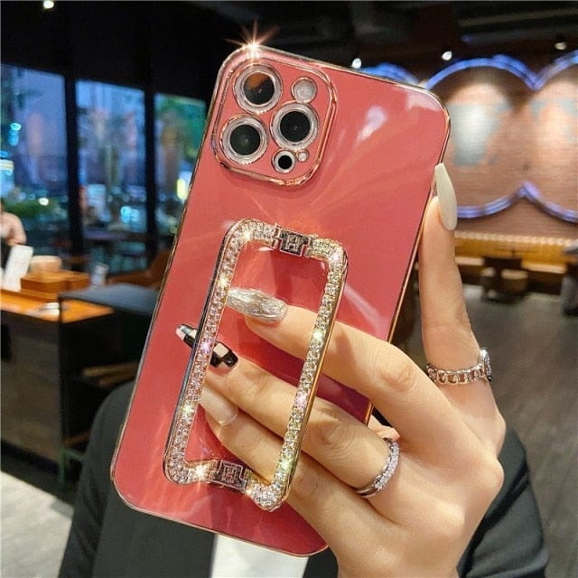Korea 3D Crystal Square Holder Gold Plating Phone Case For iphone 12 Pro Max MiNi 11 13 Pro X XS XR 6 S 7 8 Plus 12Pro SE Cover freeshipping - Best iPhone Cases Accessories